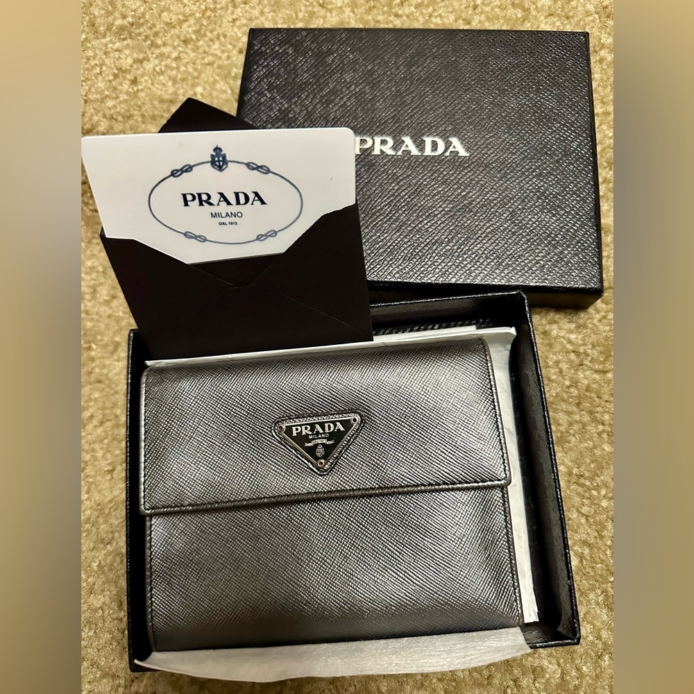Prada silver trifold walleth brand new with box